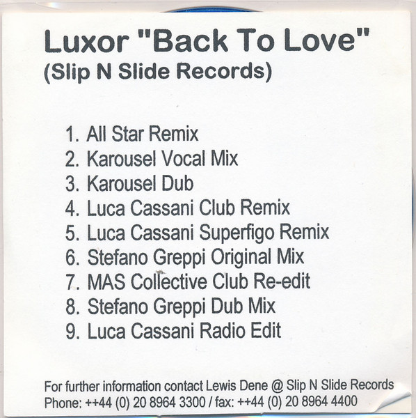 Luxor - Back To Love (CDr Promo) (Slip 'n' Slide – none) (2000)